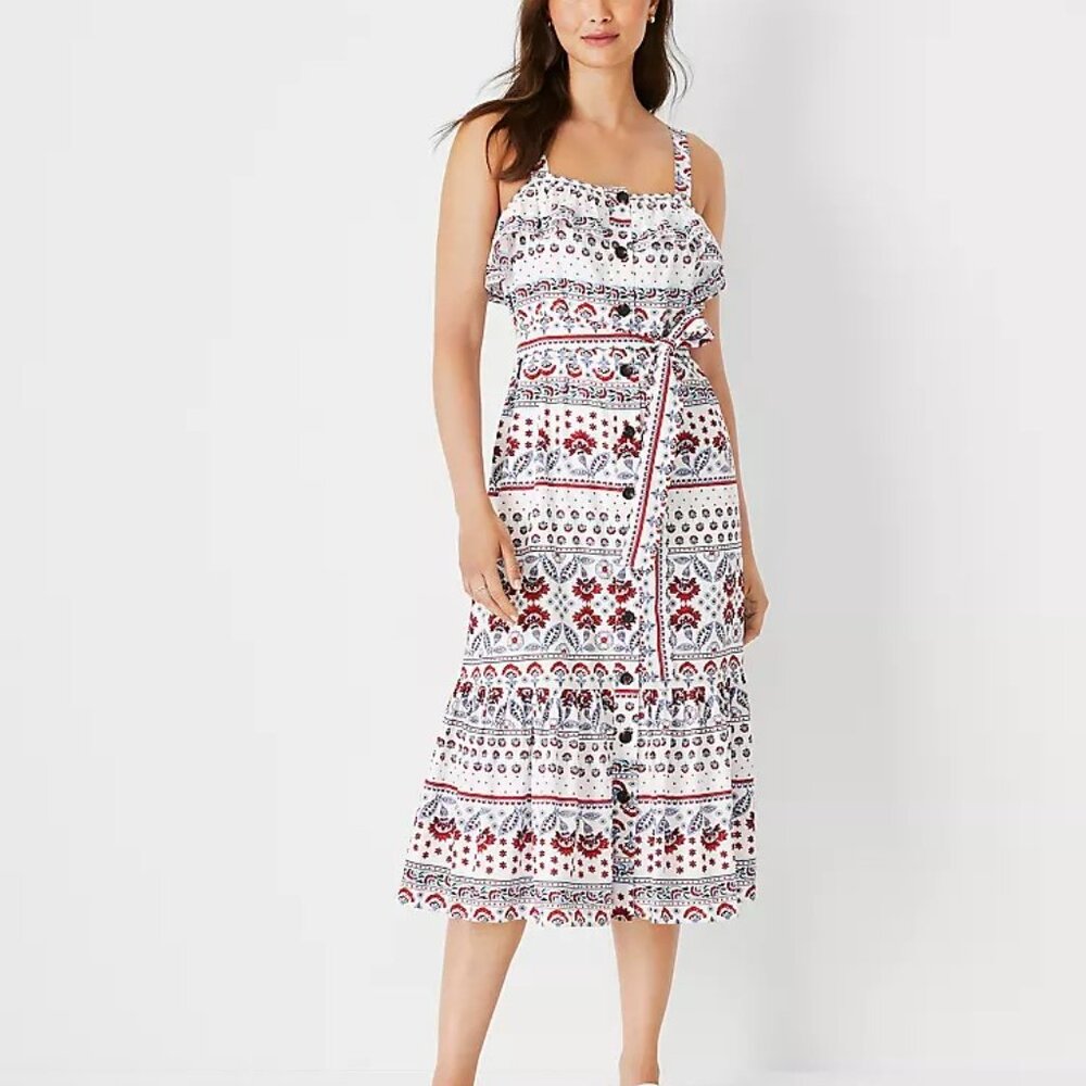 Ann Taylor Button Down Tiered Floral Tie Waist Flare Maxi Summer Dress